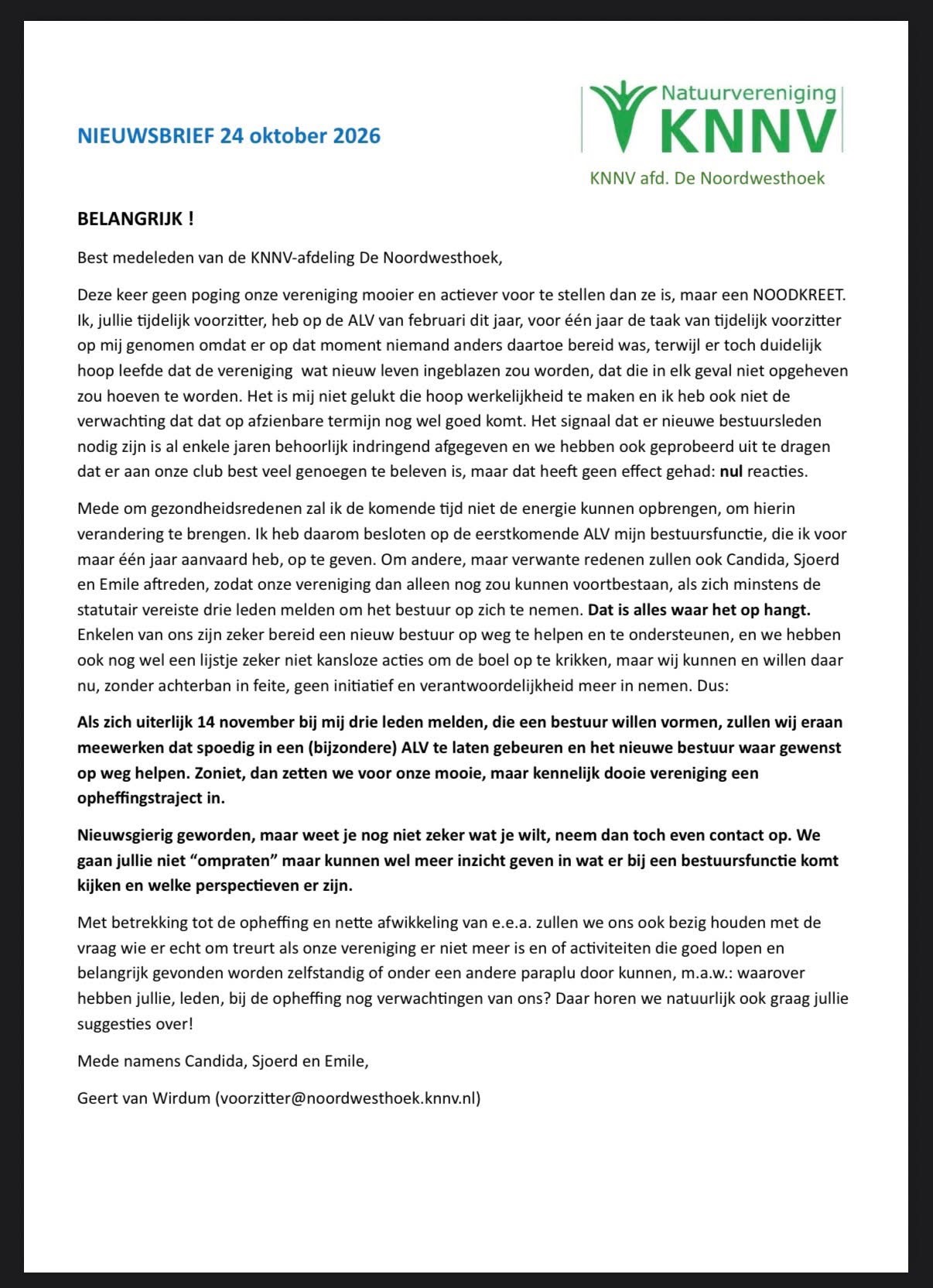Ter info: KNNV de Noordwesthoek zoekt dringend bestuursleden !!!!!!!!!!!!!